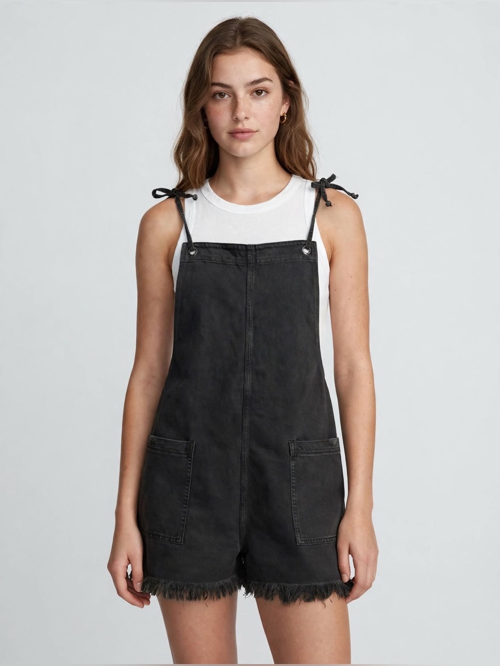Aerie Black Denim Overall Shorts L Frayed Hem Shortalls Romper Tie Straps
